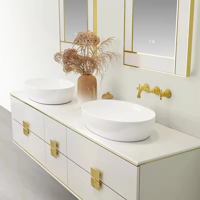 /Luxury Double Sink Bathroom Cabinet Wall Mounted Above Counter Basin Bathroom Vanity with Mirror Cabinet with Light Strip