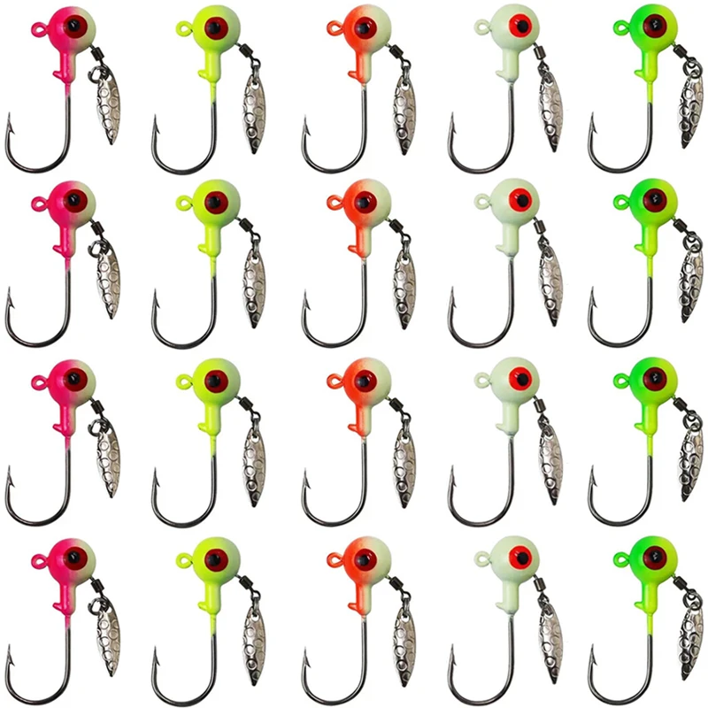 20pcs Colored Willow Leaf Sequin Spinner Jig Heads Fishing Hooks Round Ball Swimbait Jig Hook Fishing Lure 1/8 3/16 1/4 3/8 oz