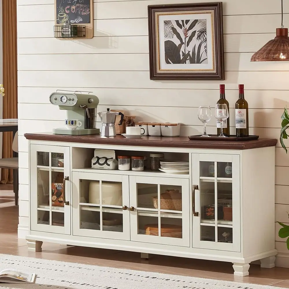 

60 Wide Vintage White Sideboard Buffet Cabinet with Glass Doors and Wooden Legs, Perfect for Kitchen, Dining, or Living Room
