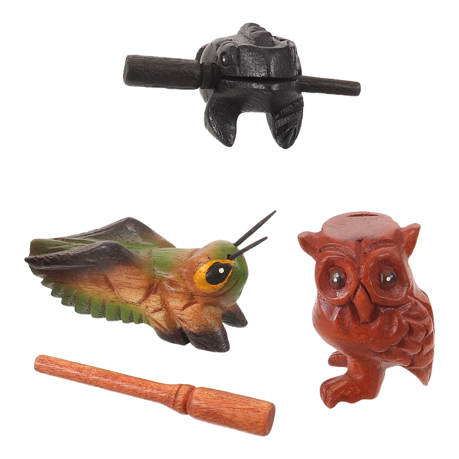 3Pcs Wooden Guiro Instrument Set Frog Cricket Owl Handheld Percussion Music Class Beginner Rhythm Sticks Animal Sound Maker
