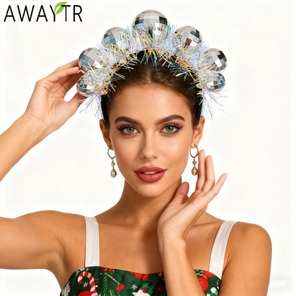 AWAYTR-Diadema navideña con lentejuelas y bola de discoteca, bandas para el cabello brillantes, diadema trenzada de aro de plástico para niñas, sombreros de Festival
