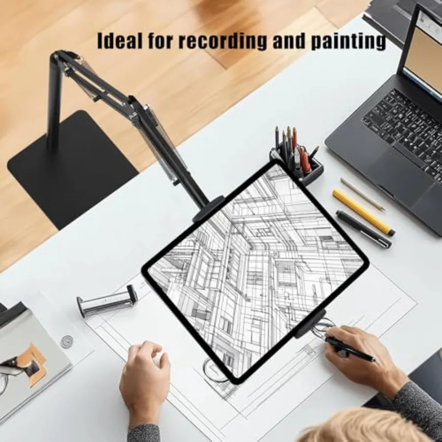 Supporto da pavimento per tablet con doppia base stabile per carichi pesanti da 6,6 libbre, non ribalta mai su altezza regolabile, letto girevole, tablet, telefono S