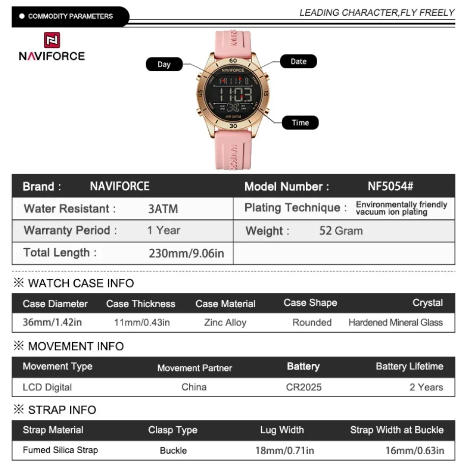 ساعة NAVIFORCE للنساء موضة رياضية مقاومة للماء LCD رقمية ليوم وتاريخ بسوار من السيليكون ساعة يد إلكترونية Relogio Feminino