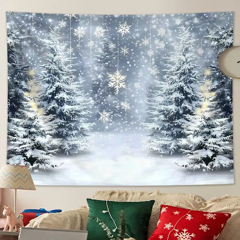 VIKAMA Falling Snow Pine Forest Christmas Tapestry, Serene Wall Art Background Cloth for Tranquil Living Room Aesthetic Decor