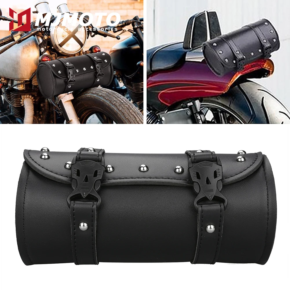 Motorcycle Tool Bag Faux Leather Handlebar Roll Bag Waterproof Saddlebag Side Pannier Retro Sissybar Pack for Cruiser Sportster