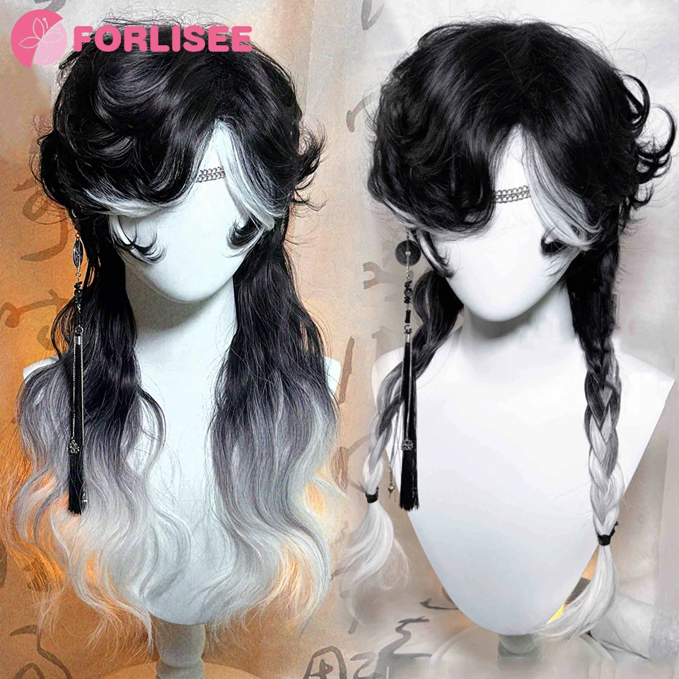 Mullet Head Wig Long Synthetic Curly Hair Black Gradient Fluffy Natural Wolf Tail Hair Men and Women Wig for Daily Party Cosplay