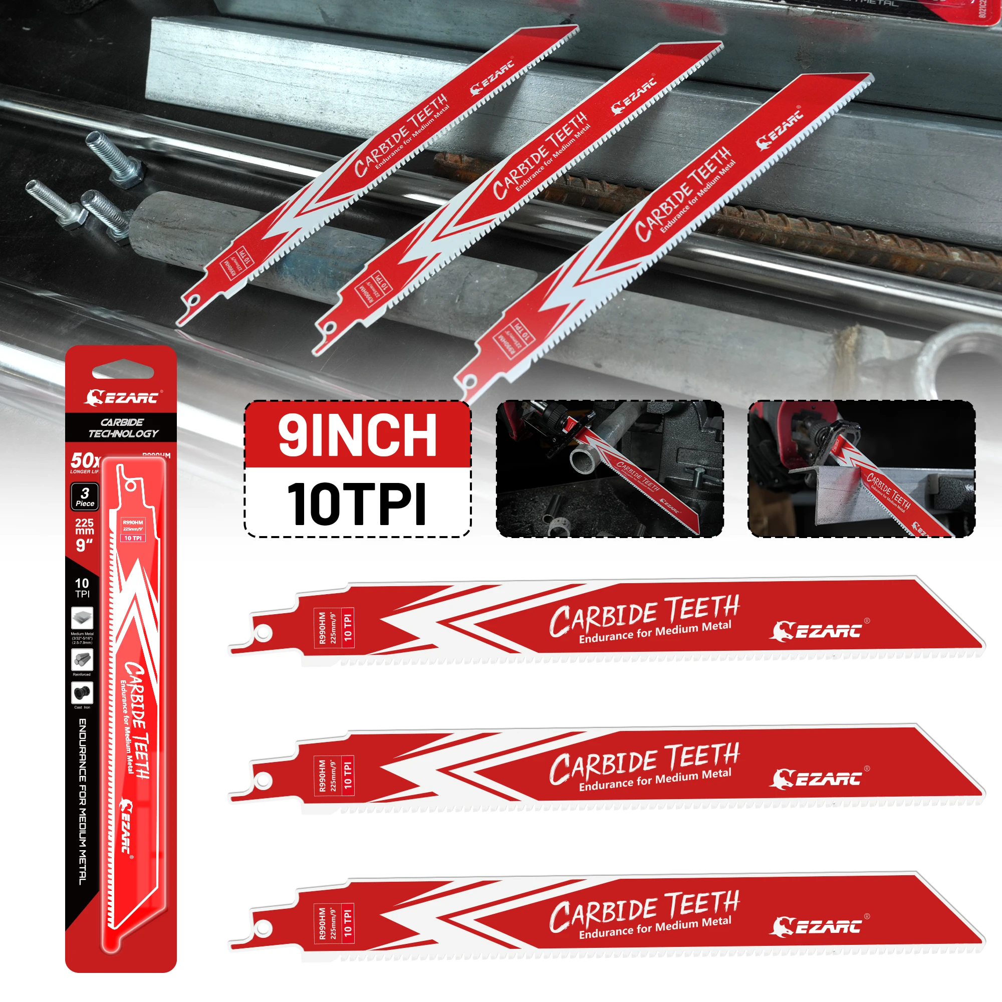 6inch/9inch 3pcs Carbide Reciprocating Saw Blades 10TPI, 150mm/225mm Sawzall Blades Endurance for Medium Metal, Fast Cutting