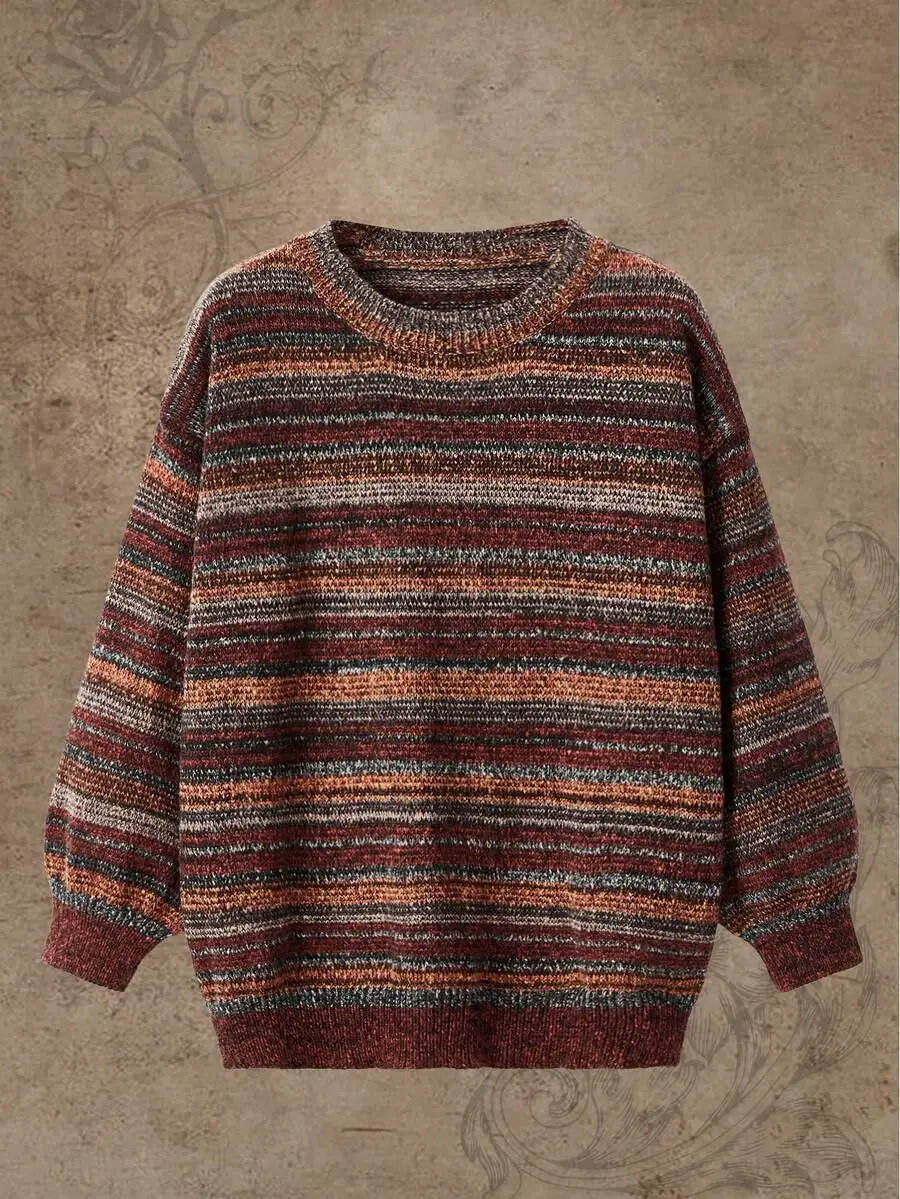 

Womens Round Neck Striped Ombre Knit Pullover Sweater Long Sleeve Casual Top