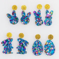 New Blue Sequins Acrylic EASTER Rabbit Earrings for Women Cute Cartoon Glitter Egg Bunny Ears Drop Earring Fashion Jewelry Gift