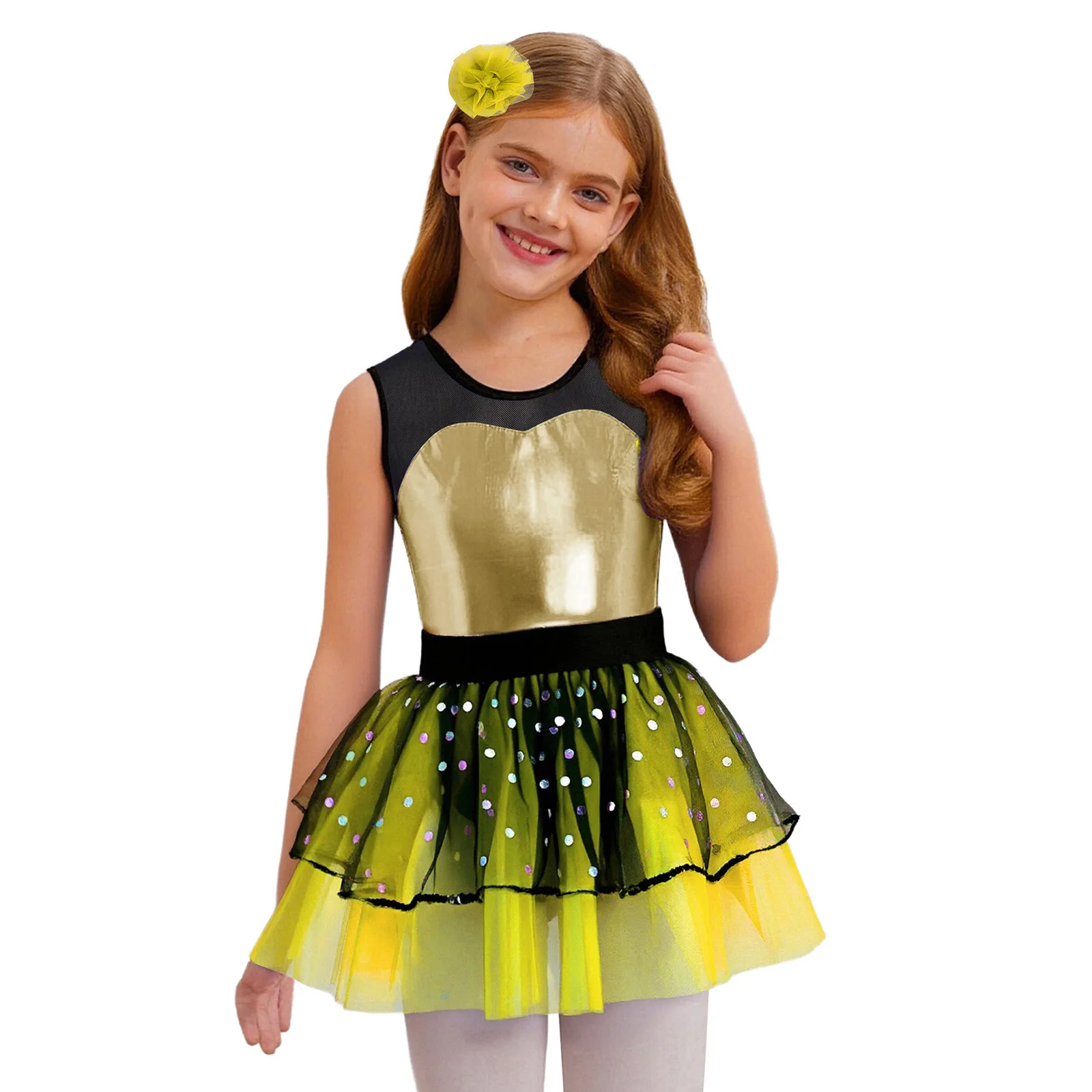 

Girls Elegant Shiny Ballet Jazz Stage Performance Tutu Dress Sleeveless Metallic Tulle Dress with Headwear for Party Dancewear