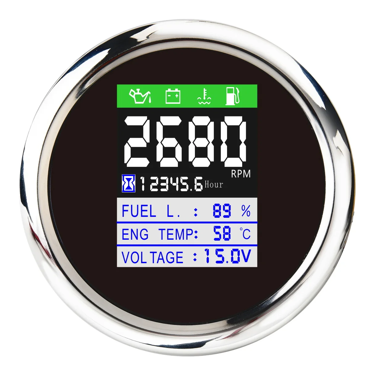 

85MM 6-in-1 Multi-Functional Digital Tachometer Fuel Level Water Temp Oil Pressure Gauge Voltmeter Hourmeter Alarm Black