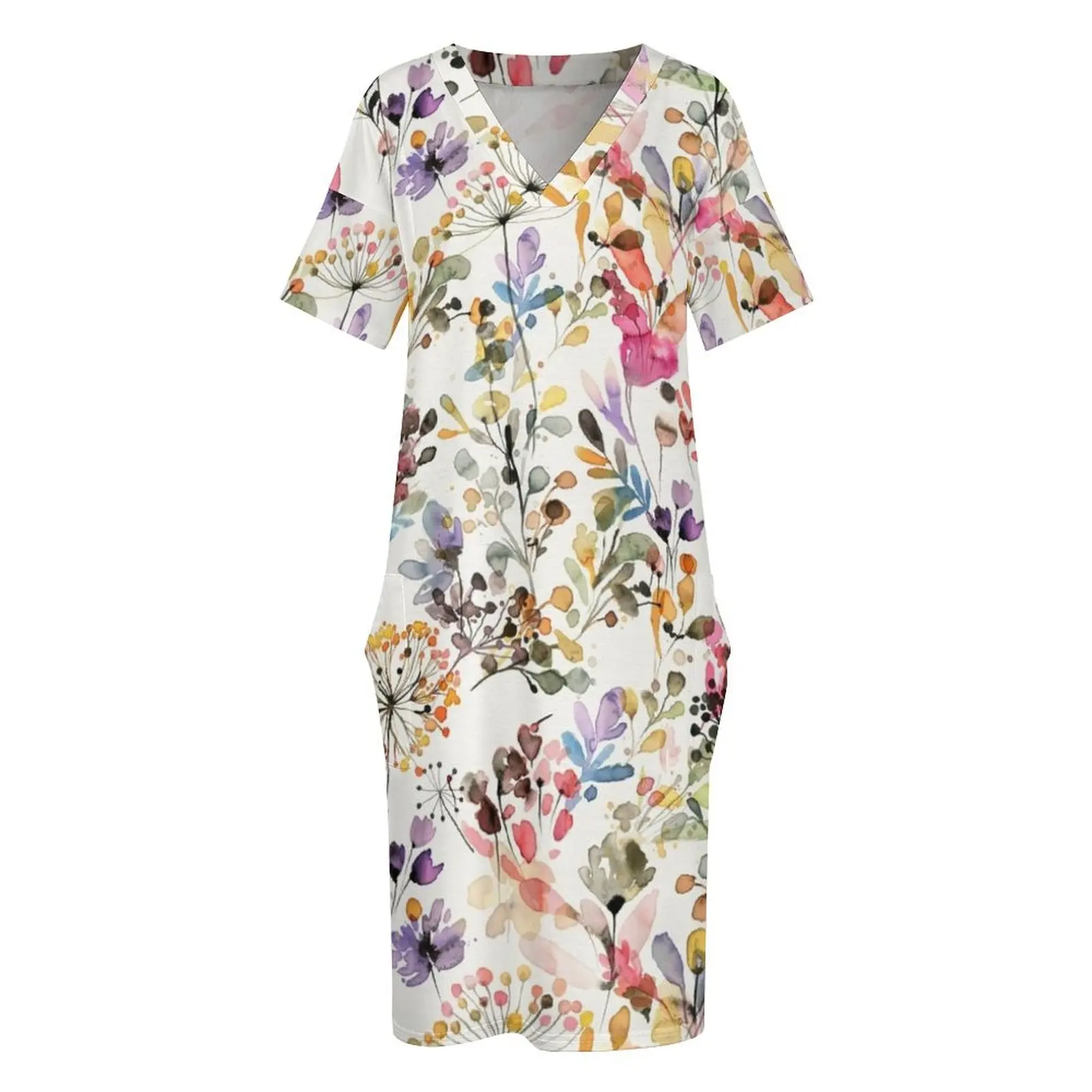 ดอกไม้และพืชป่าสีน้ํา - ธรรมชาติป่าพิมพ์ลายพฤกษศาสตร์หลวมกระเป๋าชุดเดรสฤดูร้อนสําหรับผู้หญิง 2025 ชุดพรหม