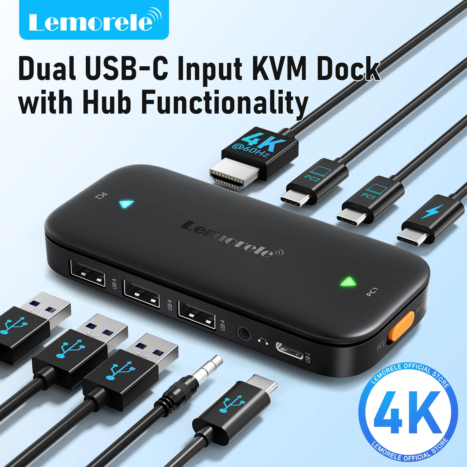 Conmutador KVM USB-C Lemorele 2 Entradas 5 Salidas 4K 60Hz, Conmutador USB-C PD 100W para PS5, PC, Laptop, Monitor, Proyector, Teclado, Ratón, Base de Conexión