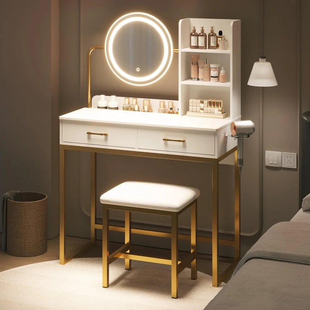 

Vanity Desk with LED Lighted Mirror & Power Outlet,Adjustable 3 Lighting Modes,Vanity Desk for Bedroom, Makeup Vanity with Chair