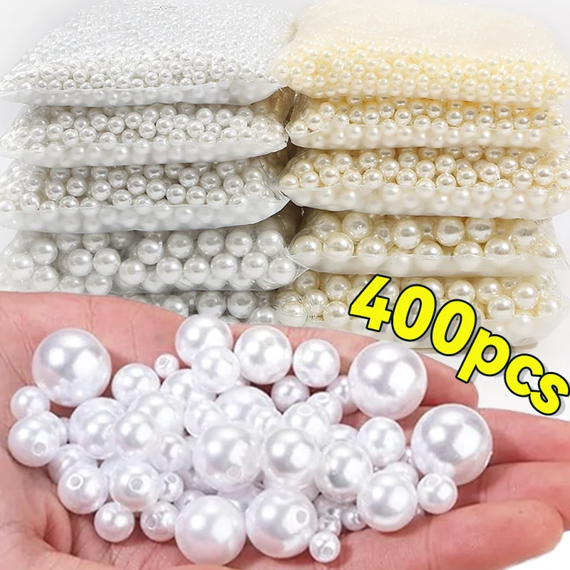Cuentas de perlas de plástico de 3/4/6/8/10/12mm, cuentas redondas sueltas ABS blancas y Beige, artesanía para fabricación de joyería de moda, manualidades DIY, cuentas para prendas