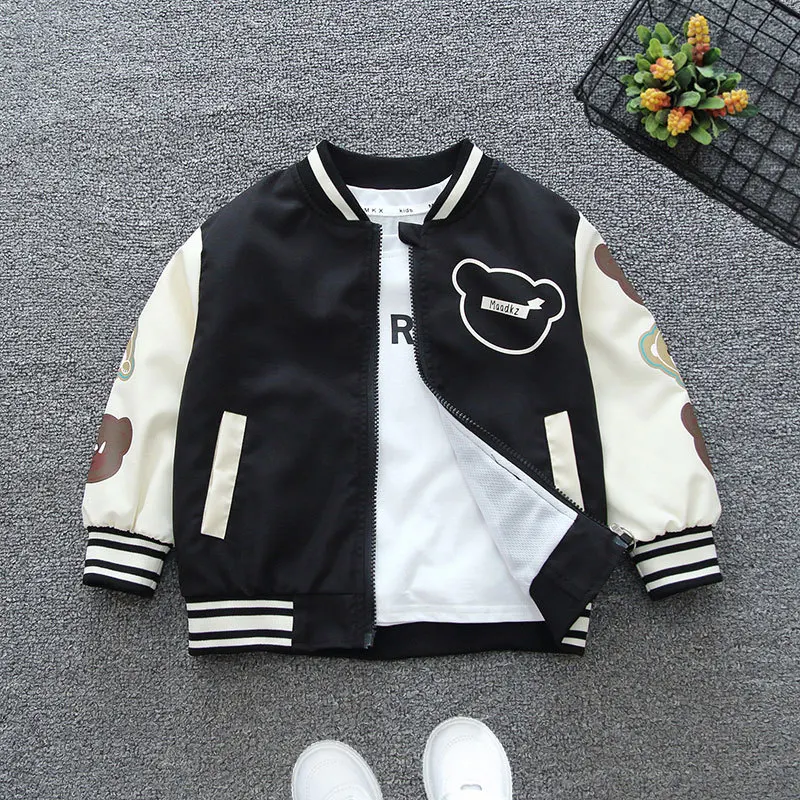 2024 Spring Autumn New Boys Girls Jacket Cartoon Bear Letter Print Baseball Uniform For 2-12 Years Children Sports Outerwear