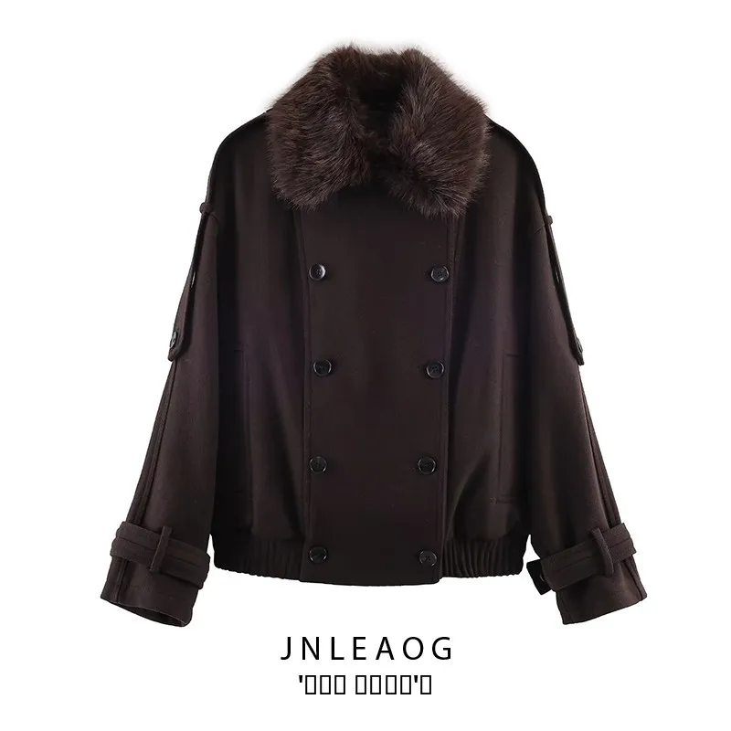 

Faionable Mixed Fiber Artificial Fur Collar Jaet Women's Stand Fit Long Sve Regular Length Button up Outerwear