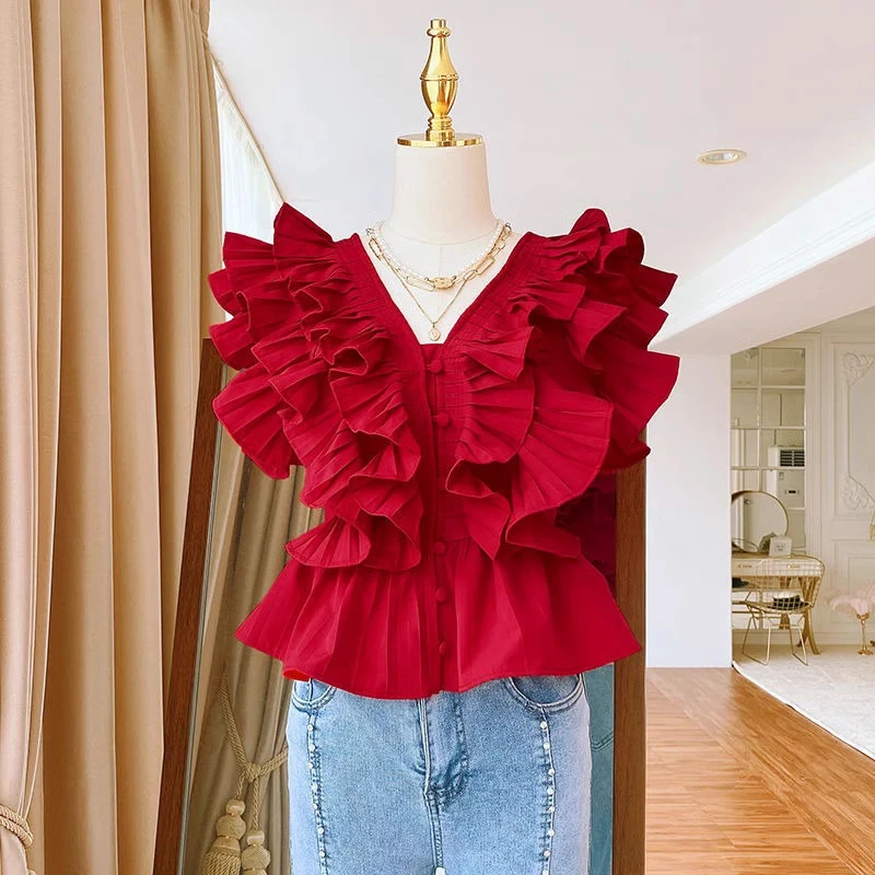 Or Sve V-Ne Chemisier à ourlet plissé pour femme Design Faion Printemps Été Coupe droite Fly Sve No bouton Couleur