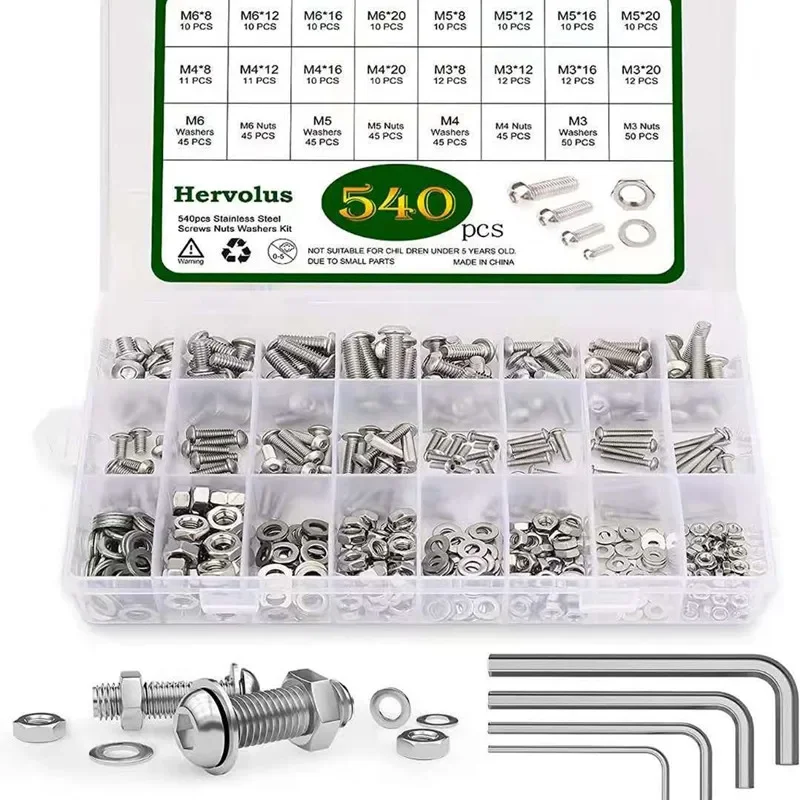 540pcs Pan Head Hex Hexagon Socket Screw Set M3 M4 M5 M6 304 Stainless Steel Allen Head Screw Nut Flat Gasket Washer Kit