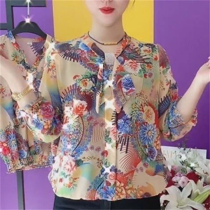 Middle-aged Women Korean Fashion Retro Floral Print Shirts Spring Summer Bow Elegant Blouses Ladies Casual Loose 3/4 Sleeve Tops