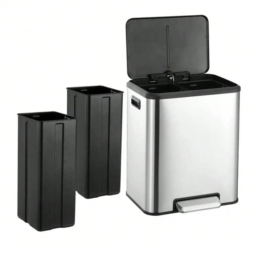 BouPower 8 Gallon Stainless Steel Kitchen Trash Can,Dual Trash Can For Recycling And Garbage, Recycle Bin With Foot Pedal, Soft-Close Lid, Dual Removable Liners, Double Compartment Garbage Bin