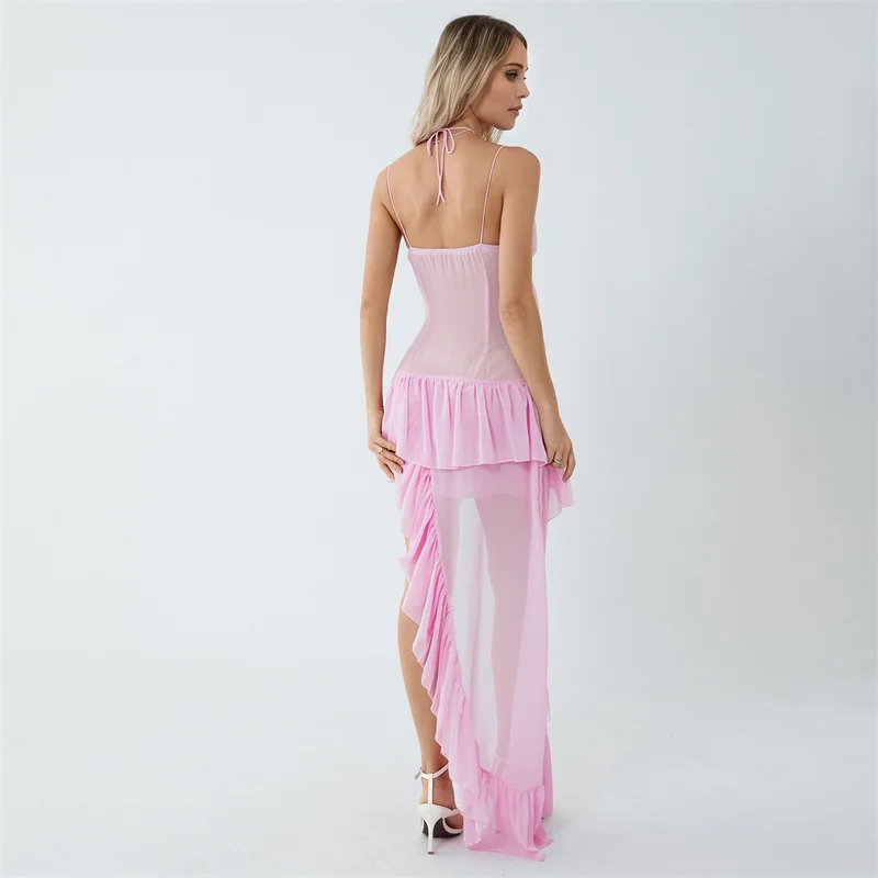 Summer Party Beach Frill Ruffles Asymetryczna długa sukienka damska Solidna bez rękawów Halter Backless Sheer Dresses Streetwear Vacation