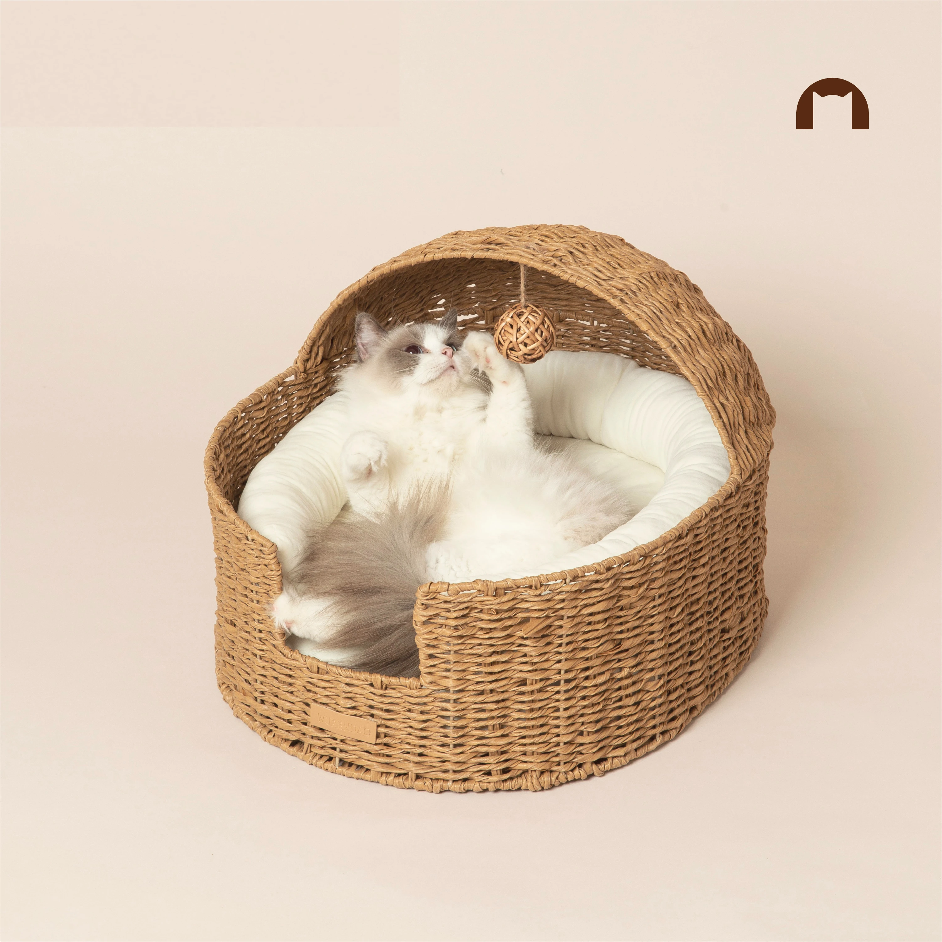 Cat nest universal in all seasons, warm in winter, semi-closed rattan cat nest woven cradle removable and washable nest