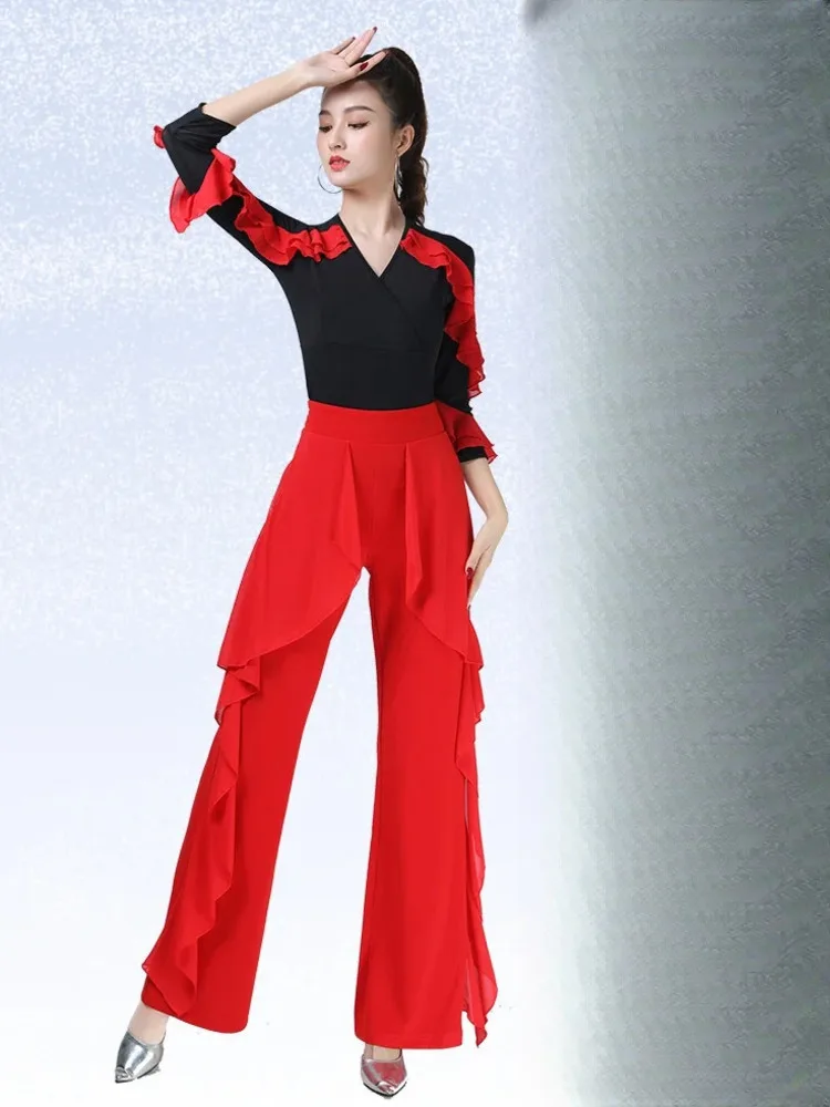 

Elegant V-Neck Mid-Sleeve Top with Ruffled Detail & High Waist Wide-Leg Pants – Modern Dance Performance Modern Pants 6XL