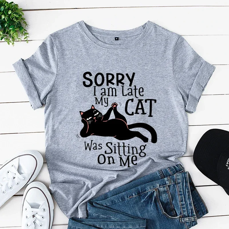 Kawaii Cartoon Katzenliebhaber Bedrucktes T-Shirt Damenmode T-Shirt Sorry I Am Late My Cat Was Sitting on Me Lässige Mädchen Damen Tops