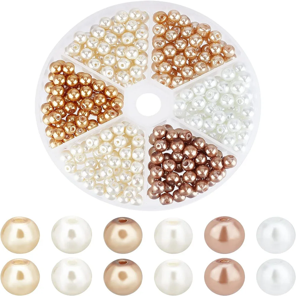 300Pcs Golden Yellow White Faux Pearl Decor Round Pearls 6Style Mix Beads Strands for Wedding Dress DIY Jewelry Making