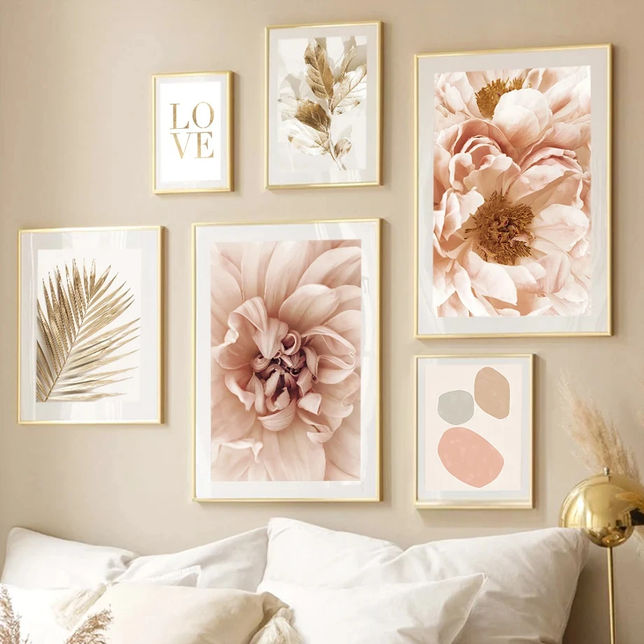 Beautiful Flowers Golden Leaf Line Drawing Love Color Illustration Fashion Wall Art Canvas Painting Nordic Poster Room Decor
