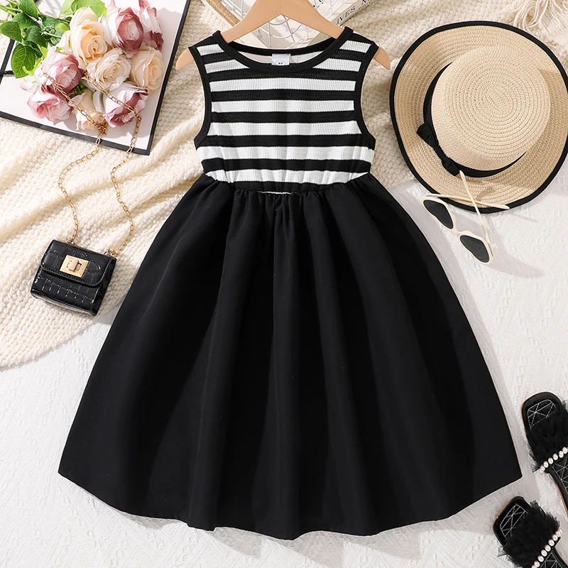 

Black Striped Sleeveless Patchwork Dress Korean Style Girls Dress Daily Casual Clothes School Party Outgoing Dress OOTD