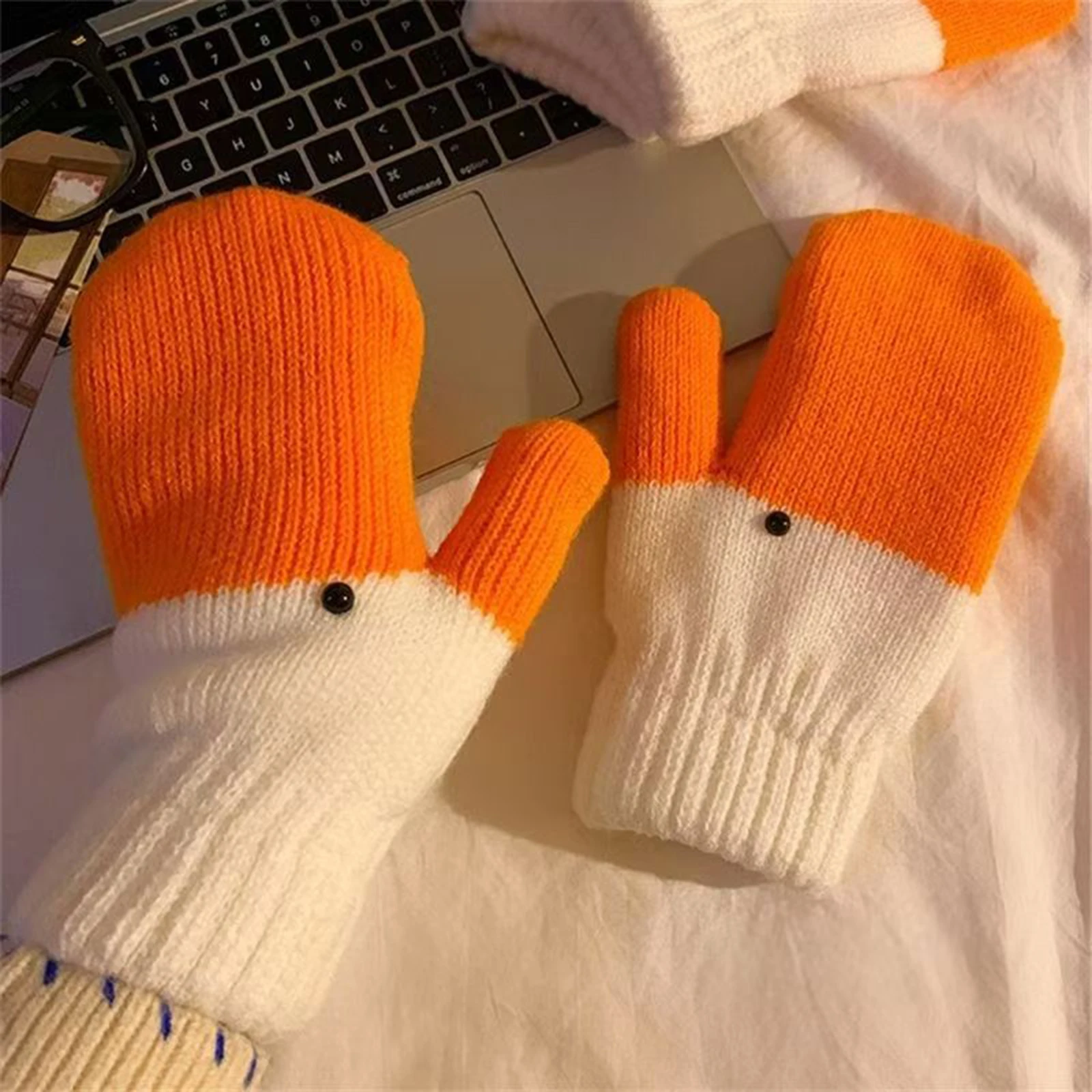 Gemütliche, lustige Entenstrickhandschuhe für Damen, warme, mit Fleece gefütterte Winterhandschuhe mit Touchscreen-Spitzen