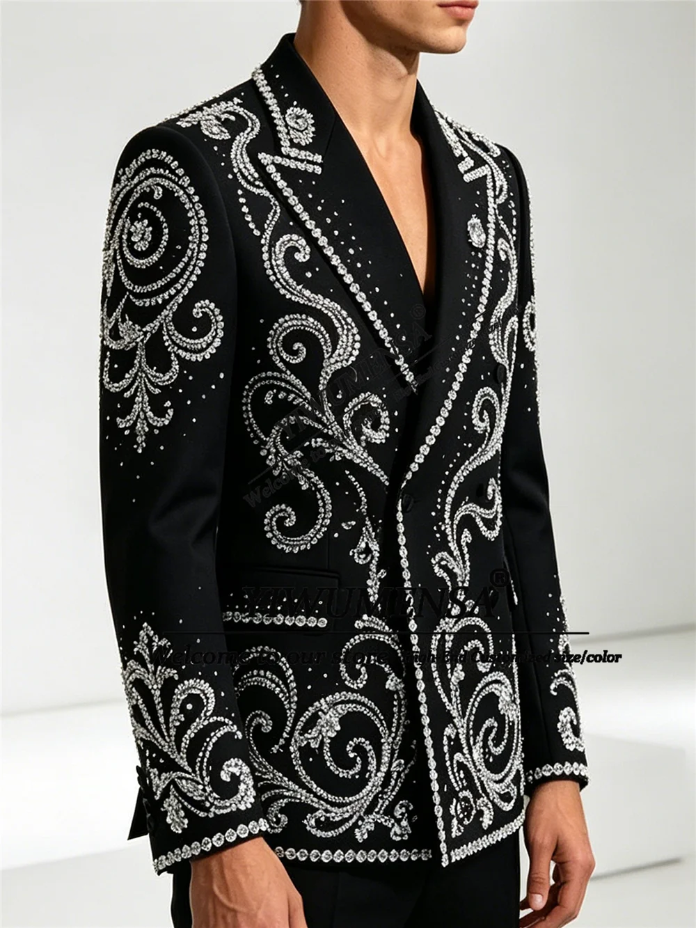 Exclusive Suit Man Formal Party Wear Customized Beading Stones Wedding Prom Tuxedo 2 Piece Sets Double Breasted Jacket Pants