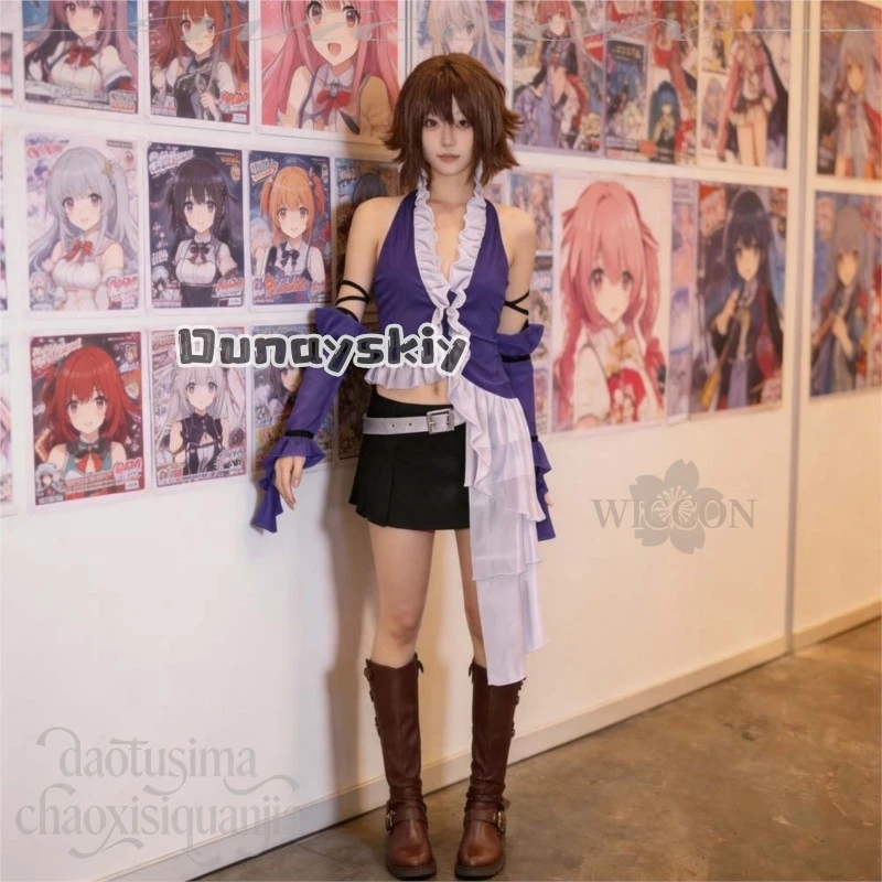 KS*23Yuna Cosplay Anime Game FFFX Costume Idol Stage Performance Outfit Fashion Purple V Neck Top Shorts Y2K Jirai Kei Halloween