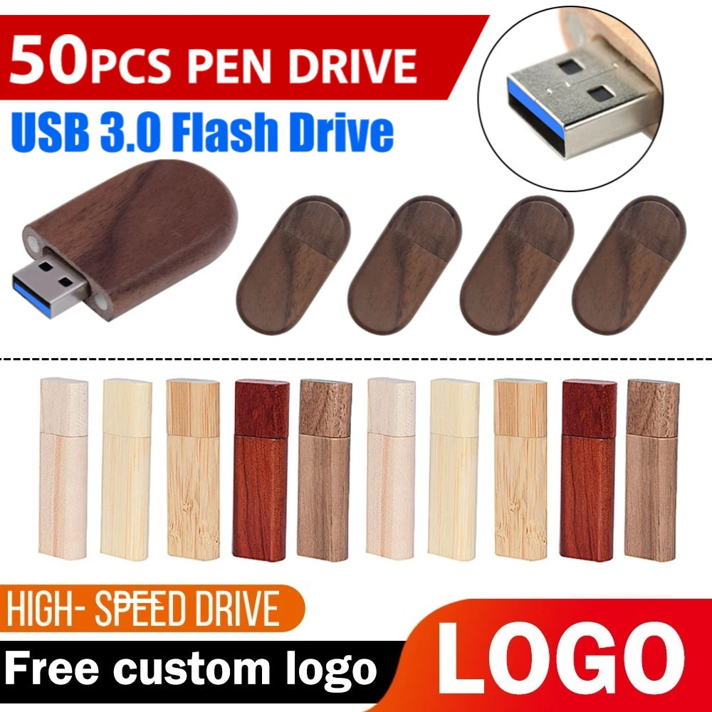 

50pcs/Lot High speed USB Flash Drive 3.0 Wooden Bamboo Pendrive 4GB 16GB 32GB 64GB 128GB Pen Drive Wedding Gift Free LOGO