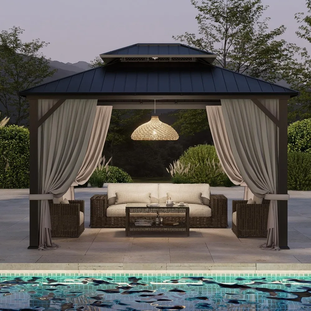 

Беседка с твердым верхом размером 10 x 12 футов, двухслойная беседка на крыше из оцинкованной стали, всесезонный павильон с алюминиевой рамой и шторами для конфиденциальности