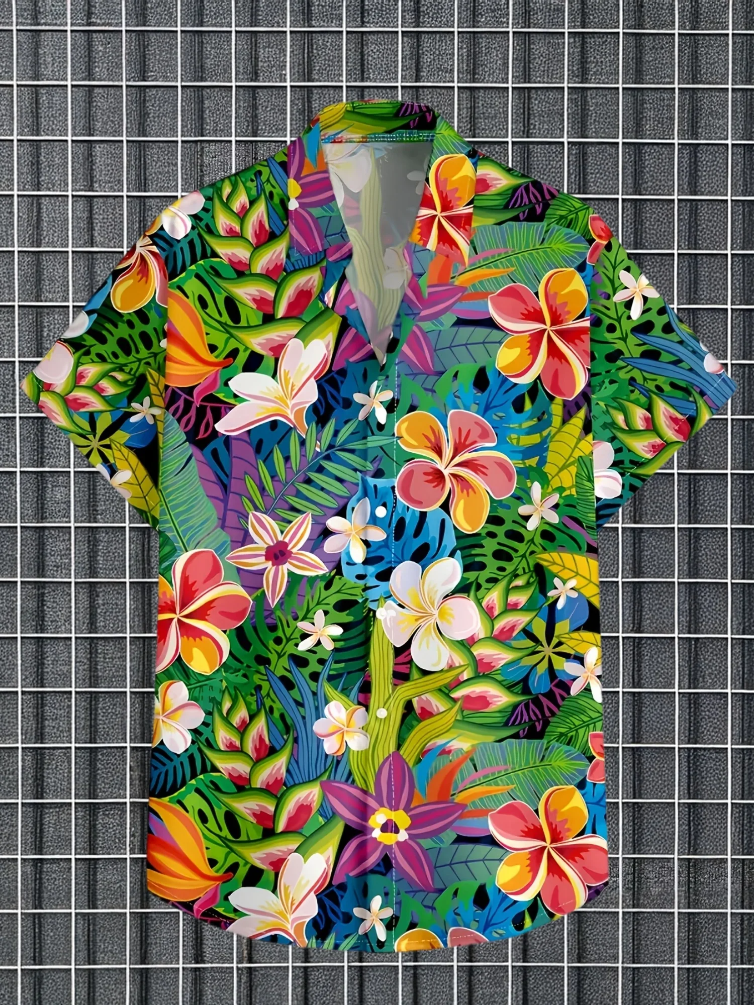 Men Deep Purple Base Multicolor Hibiscus Palm Leaf Print Hawaiian Short Sleeve Lapel Shirt