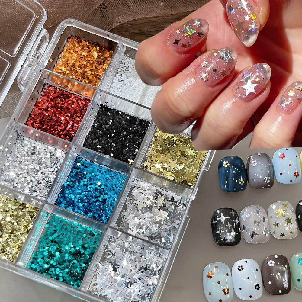 1 Box Metallic 1mm Dot Flakes & Sparkle Nail Art Sequins Include Silver Butterfly, Starlight, 5-Pointed Stars for Manicure Decor