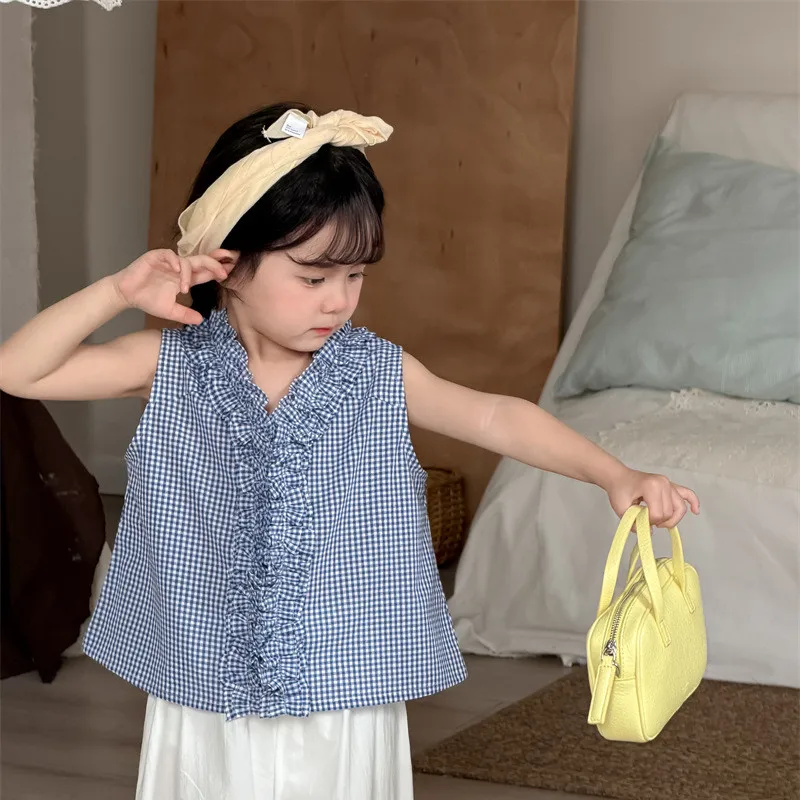 2026 New Summer Baby Girls Plaid Shirts Ruched Sleeveless Tops Korean Style Toddlers Kids Chic Blouses  1-6 Years
