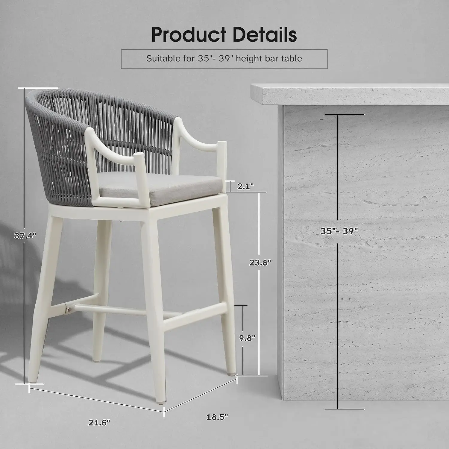 Handwoven Rope Patio Bar Stools Set of 2 White Counter Height, Customized