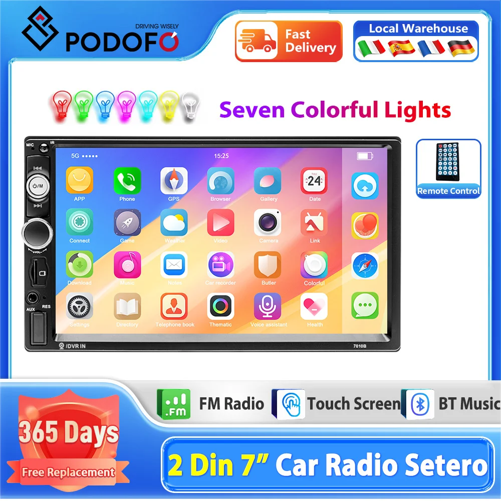 Podofo Double Din Car Radio Car Video Player 7''HD Player MP5 Touch Screen support Mirror Link USB  charging with Bluetooth