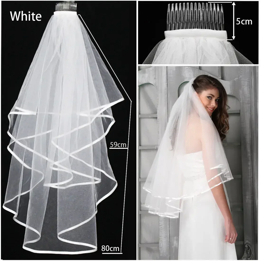 Voile de mariage 2T blanc ou ivoire pour patients, avec peigne en satin, coude élégant