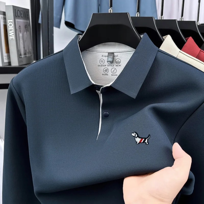 Men's Spring Autumn High Quality Thicken Polo Shirt Lapel Embroidery Traceless Keep Warm T-Shirt Fashion Business Men's Clothing