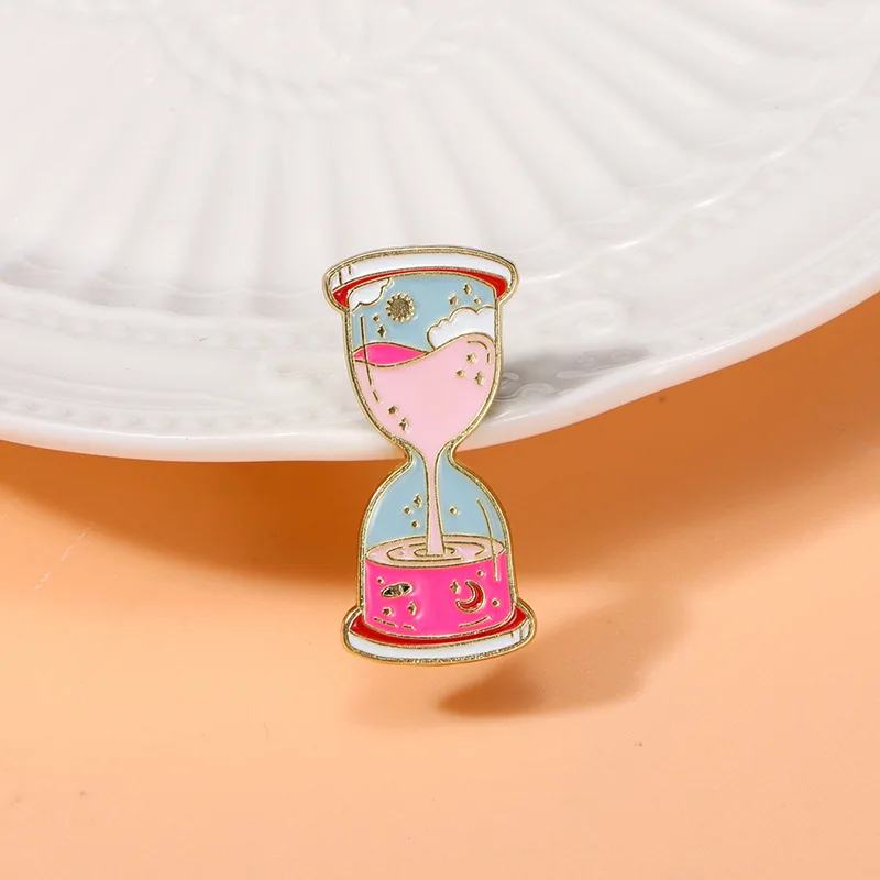 Cute Cartoon Pink Hourglass Enamel Brooch Creative Sun Moon Starry Sky Lapel Pin Badge Backpack Clothing Hat Accessories
