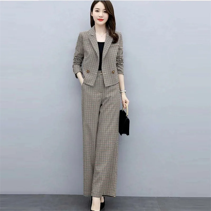 Women\'s Pants Two Piece Set Plaid Professional Suit Female Long Sleeve Temperament Wide leg Pants Suit 3XL