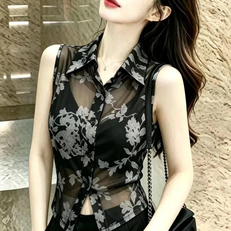 Temperament All-match Printing Perspective Tops Summer New Polo Neck Net Yarn Slim Fashion T Shirts Sexy Trend Women Clothing