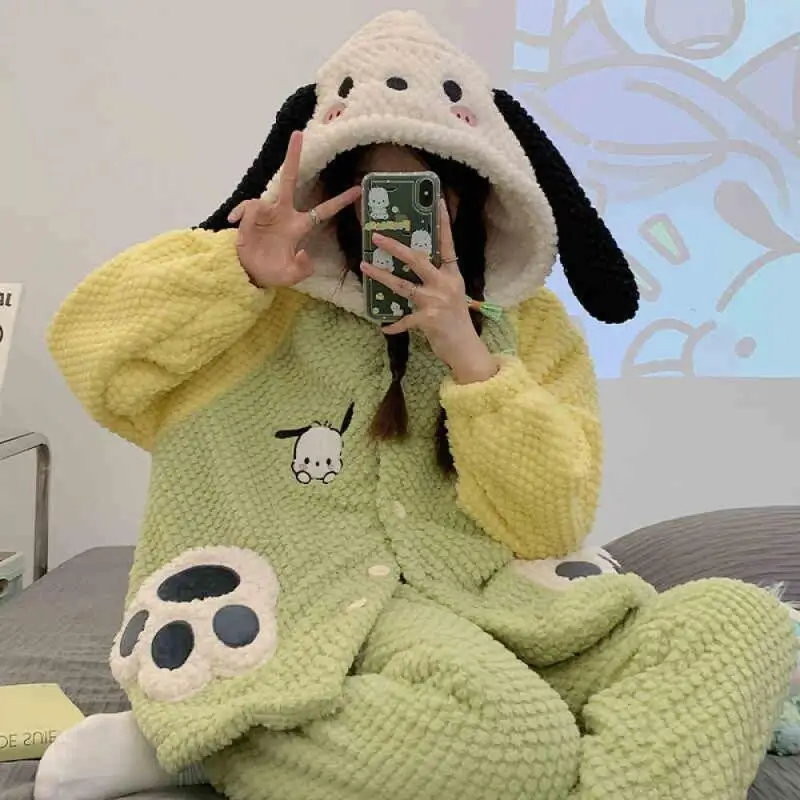 Anime Cinnamoroll Coral polar grueso traje de casa Kawaii Pochacco mujeres pijamas cálidos de felpa conjunto de camisón lindo de dibujos animados para niñas