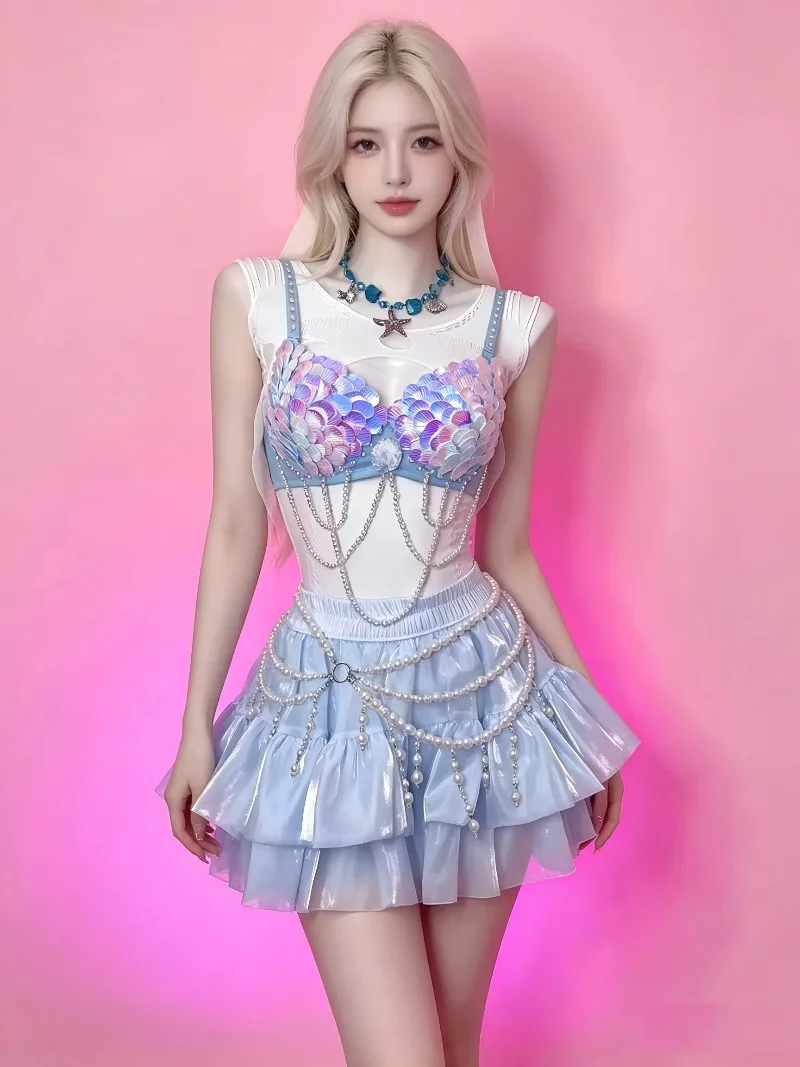 Rhinestone Shell Scale Women's Mermaid Seashell Bra Pearl Ruffle Skirt Set Ocean-Inspired Festival Costume Cosplay Rave Outfit