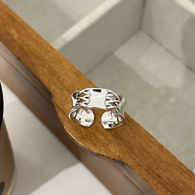 VENTFILLE 925 Sterling Silver Overlapping Ring for Women Girl Gift Weave Texture Hollowing Out Punk Wide Jewelry Dropshipping